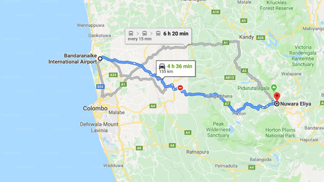 Transfer between Colombo Airport (CMB) and Lake Avenue, Kandy