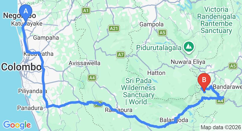 Driving route map: Colombo Airport (CMB) to Hill Safari Eco Lodge, Ohiya (236 km, approx 6 h 4 min private transfer)