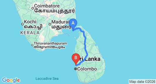 Driving route map: Delft Island to Colombo Airport (CMB) (422 km, approx 9 h 7 min private transfer)