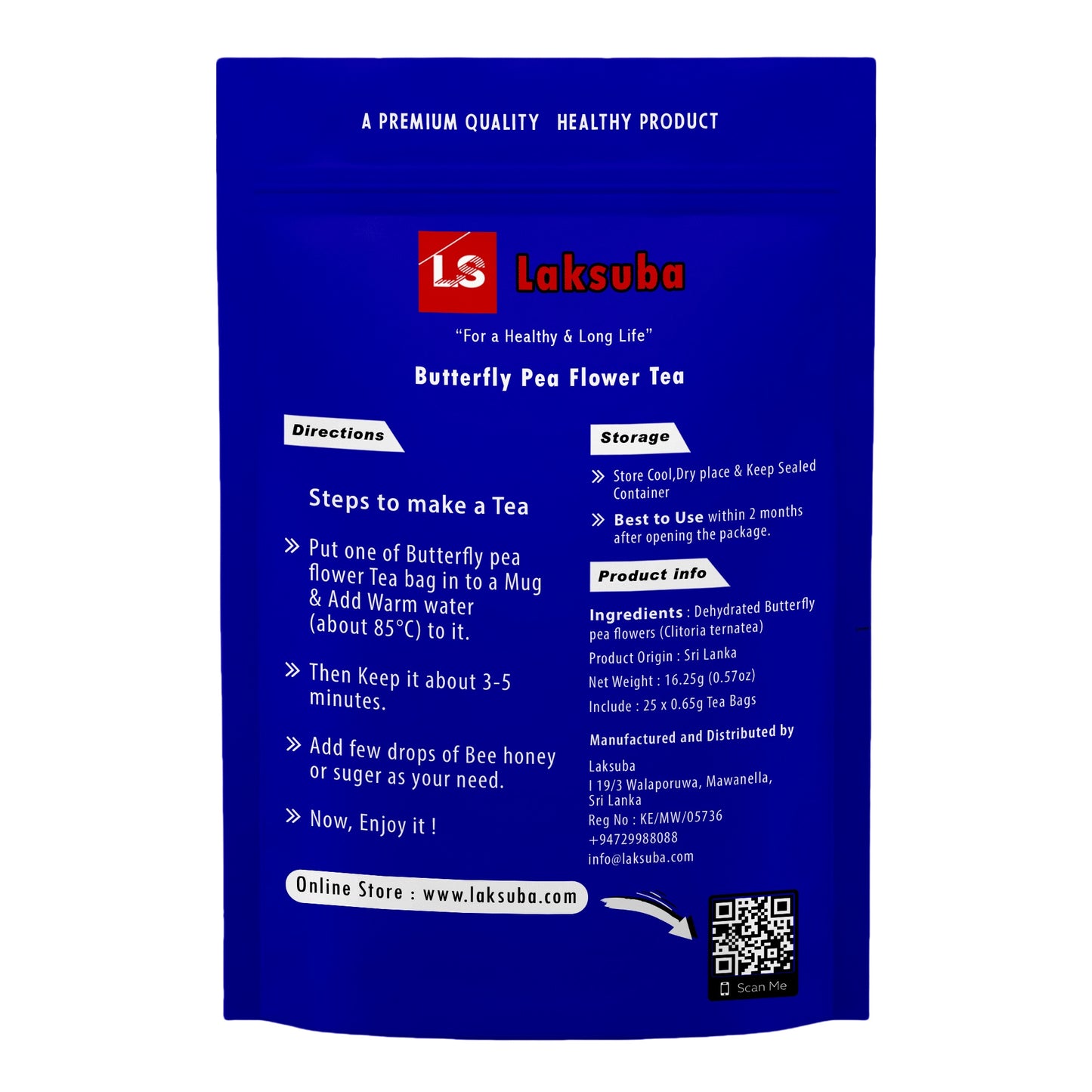Laksuba Ceylon Butterfly Pea Flower Tea (16.25g) 25 Tea Bags