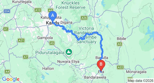 Driving route map: Kandy to Ella (135 km, approx 3 h 44 min private transfer)